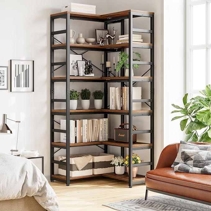 NUMENN 6 Tier Corner Bookshelf, Modern Corner Bookcase, Large Open Shelf Bookcase, Tall Bookshelves Storage Display Rack for Bedroom, Living Room and Home Office, Vintage