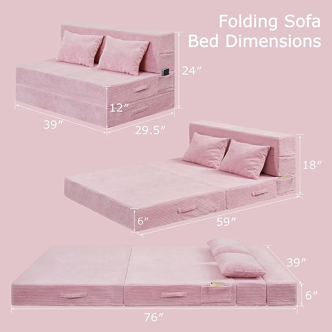 Folding Sofa Bed, 4 in 1 Convertible Sleeper Chair with Pillow, Twin Memory Foam Fold Out Chair Bed, Modern Floor Futon Sofa Couch Mattress for Living Room/Guest/Apartment, Pink