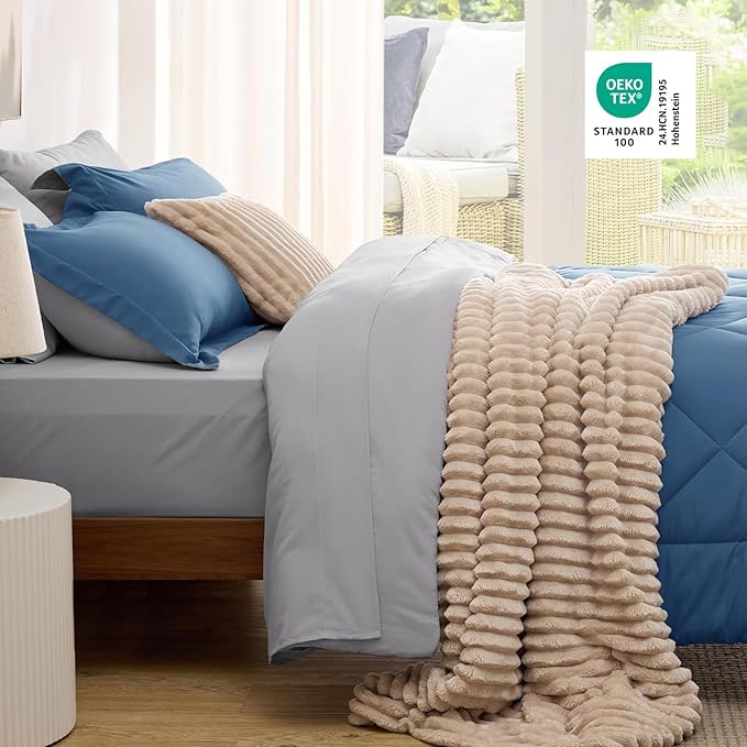 Bedsure California King Comforter Set - 7 Pieces Reversible Slate Blue Bedding, California King Size Bed Set for All Seasons, Bed in a Bag with Down Alternative Comforter, Sheets, Pillowcases & Shams