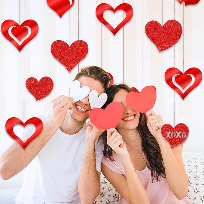 16 Pack Valentines Hanging Decorations, Glitter Valentine Hanging Hearts, Valentine Heart Ornaments for Valentines Day Party Supplies Decorations