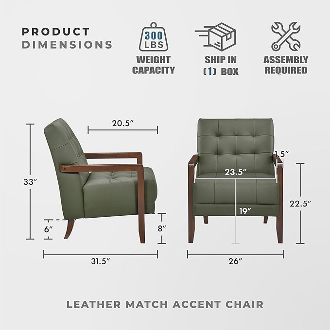 Lexicon Modern Accent Chair, Luxury Genuine Leather Match Living Room Chair with Tufted Cushions, Solid Wood Frame and Arm Rest, Comfy Upholstered Single Seat for Bedroom/Reading/Office, Green