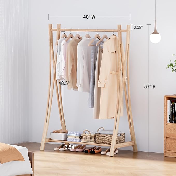 Wooden Retail Display Hanging Clothes Rack with Storage Shelf, 40" W x 57" H Freestanding Heavy Duty Clothing Drying Garment Rack for Hanging Clothes, Coat, Dress, Shirt, Hat
