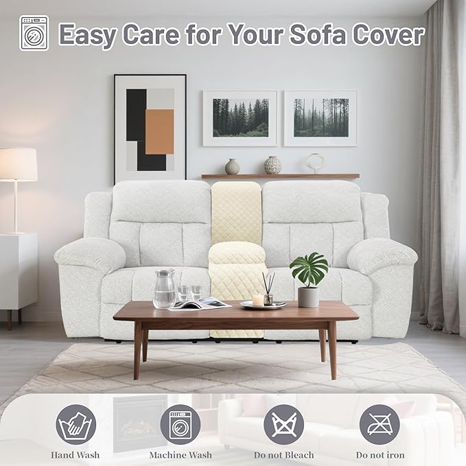 Reclining Sectional Couch Covers Velvet L Shape Recliner Sofa Middle Console Cover for Dogs Pets Washable Anti Slip 1 Additional Recliner Center Console Slipcovers (1 Console, Ivory White)