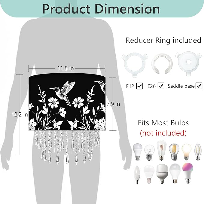 Hummingbird & Floral Lamp Shade with Crystal Bead Droplets, Black & White Drum Fabric Light Shade for Ceiling Pendant Table & Floor Lamps, Nature-Inspired Decor, 11.8in