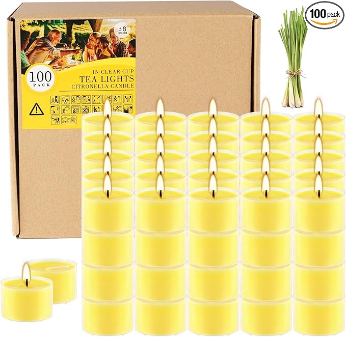 100 Pack Clear Tea Lights Candles Bulk, Summer Citronella Candle Outdoor and Indoor, for Birthday Emergency Home Garden(8 Hour, Yellow)