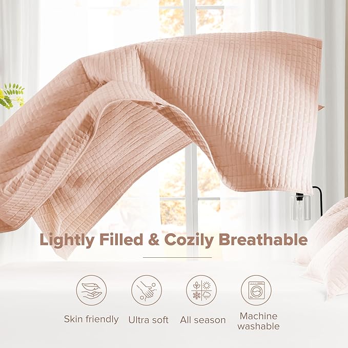 Comfort Spaces Kienna Quilt Set- Double Sided Stitching Design Summer Blanket, Lightweight, Soft, All Season Bedding Layer, Matching Sham, Blush, Coverlet King (104"x90") 3 Piece