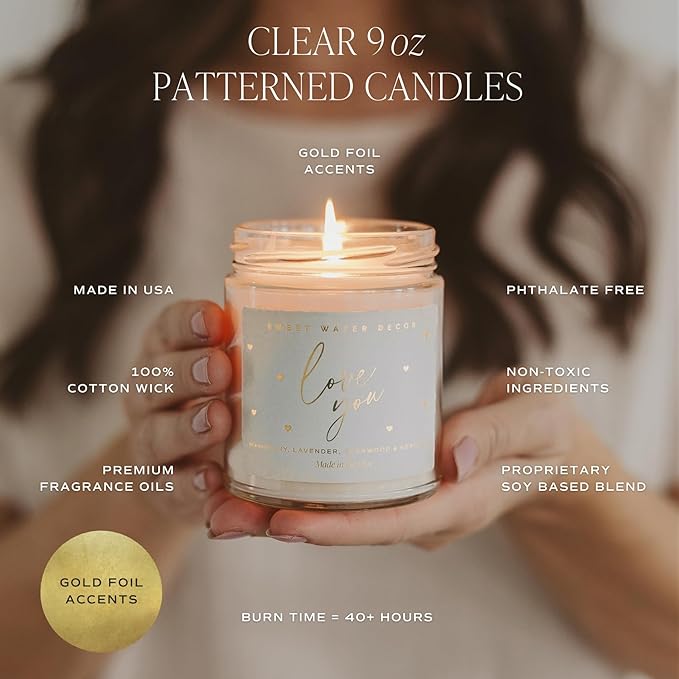 Sweet Water Decor Cashmere and Vanilla Patterned Candle – Soy Candles with Coconut, Bourbon Vanilla, Cashmere, Sandalwood, Musk – 40 Hour Burn – 9oz Clear Glass Jar – Luxury Spring Candle