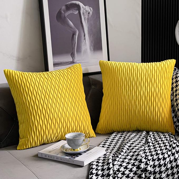 Mustard Yellow Couch Pillow Covers: 2 Pack 22x22 Inch Original Striped Velvet Square Throw Pillow Cases for Farmhouse Home Decor