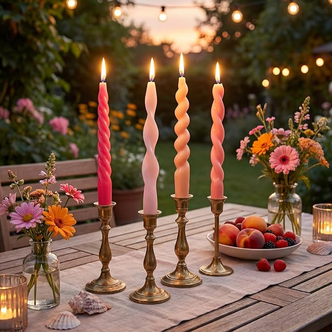 Nuanchu 4 Pcs 7.87 Inch Twisted Taper Candles Wax Unscented Smokeless Spiral Swirl Candlesticks for Wedding Holiday Dinner Party Home Decorations (Pink)