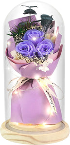 HVY Preserved Flower Bouquet Gift for Her,Forever Fresh Flowers for Delivery Prime Preserved Roses in Glass with LED Light Mothers Day Birthday Gifts for Mom,Wife,Grandma, Purple Rose