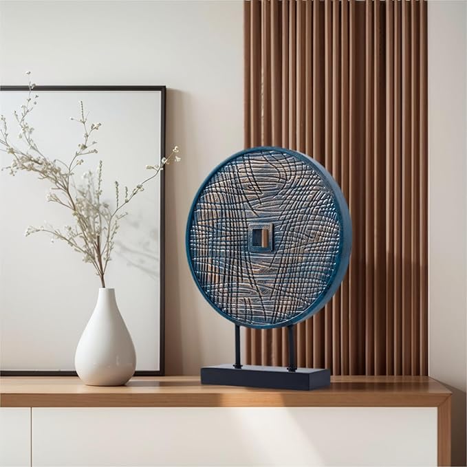 Unique Round Coin Sculpture Decorative Objects for Shelf Home Decor Accents, Modern Abstract Tabletop Decor Items for Living Room Fireplace Mantel, Above Cabinet (Blue)