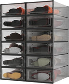 PARANTA 12-Piece Boot and Shoe Storage Box, Stackable Clear Plastic Shoe Box, Space-Saving Shoe Organizer for Boots, Sneakers, and High Heels, Black