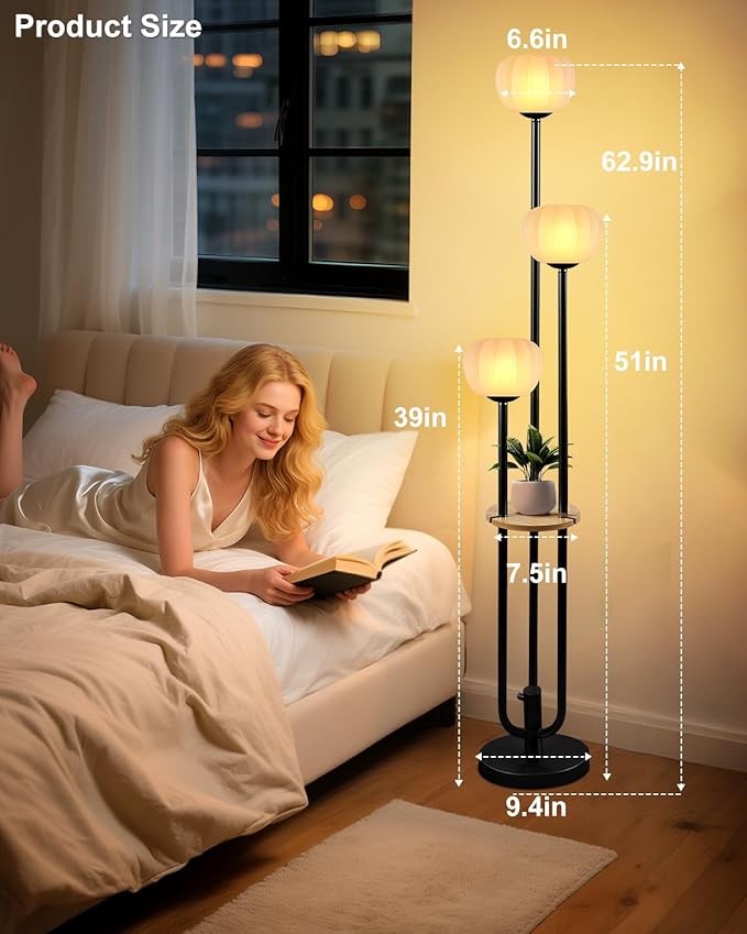 Lightdot Black Floor Lamp with Table, Modern Dimmable Floor Lamps with Pumpkin Lampshade, 3000K Warm White Bulbs Included, 3-Light Tall Standing Lamp for Living Room/Bedroom/Sofa Beside/Corner Decor