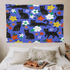 VUMIVI Black Cat Floral Tapestry Red White Hand-Painted Flowers Cute Animals Kids' Doodles Tapestry Wall Hanging for Living Room Bedroom Dorm Classroom Aesthetic Decor W60xL40in