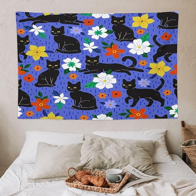 VUMIVI Black Cat Floral Tapestry Red White Hand-Painted Flowers Cute Animals Kids' Doodles Tapestry Wall Hanging for Living Room Bedroom Dorm Classroom Aesthetic Decor W60xL40in