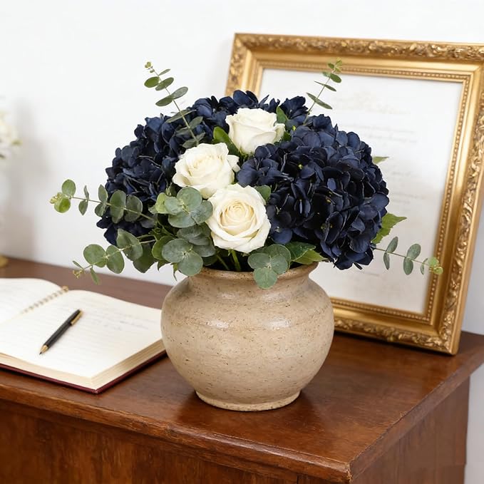 Kimura's Cabin 6pcs Navy Blue Artificial Silk Hydrangea Flowers Fake Hydrangeas with Stems Hydrangeas Bouquet for Wedding Home Halloween Party DIY Dining Table Decoration（Navy Blue）