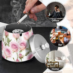 Pink Roses Leaves Vintage Ashtray with Lid, Outdoor Ashtrays for Patio, Stainless Steel Ashtray Odorless Smokeless for Home Office Balcony