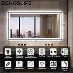 60x28 LED Bathroom Mirror for Wall - Black Aluminum Framed (Front and Backlit), Anti-Fog Vanity Mirror with Lighting, Stepless Dimmable, 3 Colors Smart Design (Horizontal/Vertical)