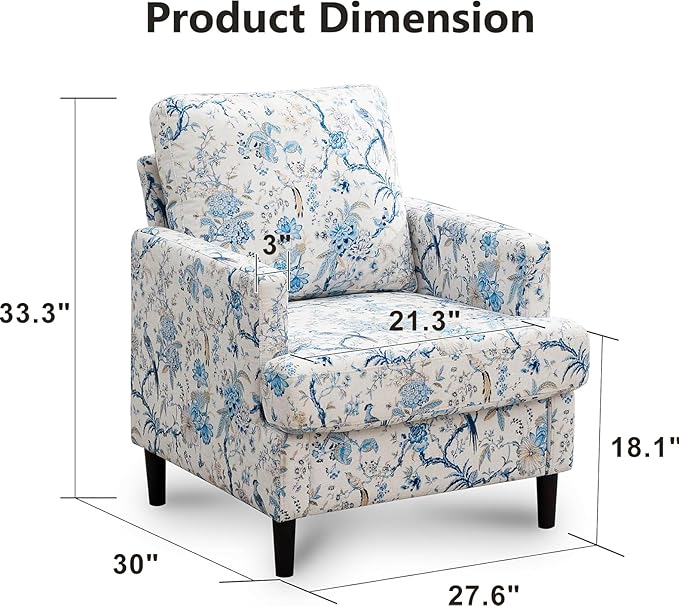 Mid-Century Accent Chair,Modern Linen Fabric Armchair for Living Room,Comfy Upholstered Reading Accent Chairs for Bedroom,Single Sofa Chair with Wood Legs (Blue Flowered Bird, 2 Pack)