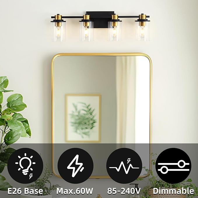 LOUSACE Bathroom Light Fixtures Black and Gold, 4 Light Bathroom Vanity Light, Modern Bathroom Light over Mirror with Clear Glass Shades, Brushed Gold Socket Wall Vanity Lighting Fixtures for Bathroom