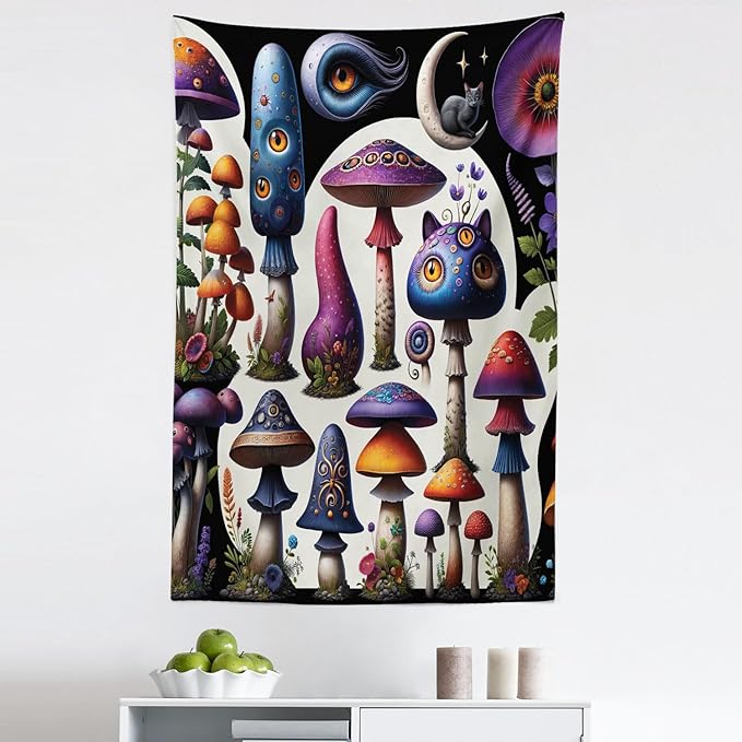Ambesonne Hippie Tapestry, Psychedelic Dream of Trippy Mushroom Scene with Eyes and Cat Face Fantasy, Fabric Wall Hanging Decor for Bedroom Living Room Dorm, 30" X 45", Quartz Sea Blue Pearl