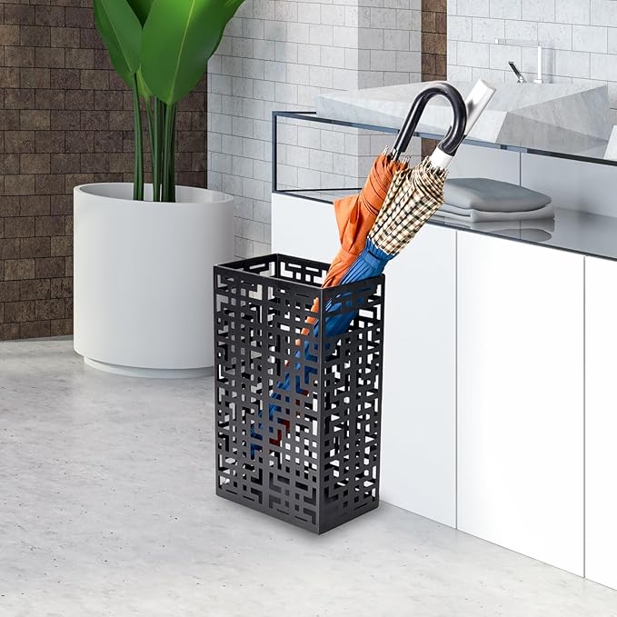 Umbrella Stand Rack for Entryway, Hollow Metal Holder, FreeStanding Storage Bin for Long Umbrellas, Holds 6-7, Black