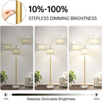 Nintiue Dimmable Floor Lamp - 3 Lights Gold Floor Lamps for Living Room Linen White Shades & Marble Base, Mid Century Tree Floor Lamp for Bedroom Office, 3 LED Bulbs Included