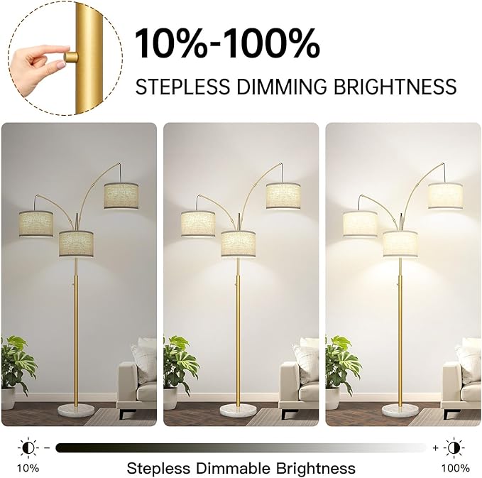Nintiue Dimmable Floor Lamp - 3 Lights Gold Floor Lamps for Living Room Linen White Shades & Marble Base, Mid Century Tree Floor Lamp for Bedroom Office, 3 LED Bulbs Included