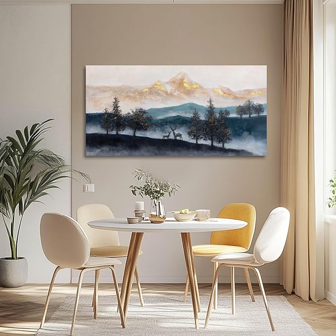 GAIDUOMAI Mountain Canvas Wall Art Gold and Blue Painting Pictures Animals Prints for Wall Decor 24x48 Inch Poster for Living Room Bedroom Home Hanging Decor