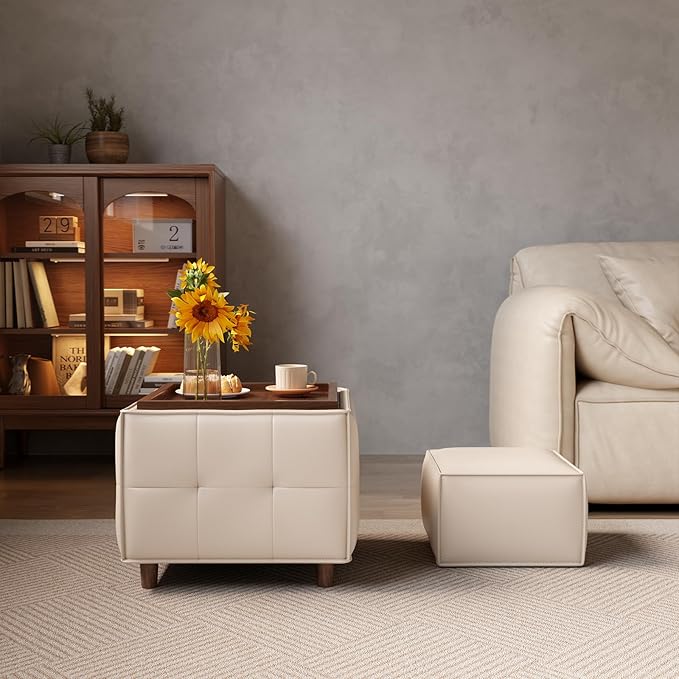 Square Ottoman with Storage Set of 2, Leather Coffee Table Ottoman, Multifunctional Foot Rest Stool with Storage for Living Room & Bedroom