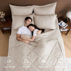 HEVUMYI Beige Tan Queen Comforter Set - 7-Piece All Season Bed in a Bag Queen, Ultra Soft Bedding Set with Comforter, Flat Sheet, Fitted Sheet, Pillowcases, Pillow Shams, Beige Tan
