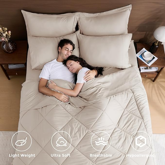 HEVUMYI Beige Tan Full Comforter Set - 7-Piece All Season Bed in a Bag Full, Ultra Soft Bedding Set with Comforter, Flat Sheet, Fitted Sheet, Pillowcases, Pillow Shams, Beige Tan