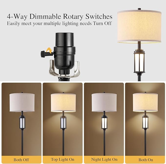 65" Modern Floor Lamp for Living Room with 2 Light Sources, Industrial Black Tall Standing Lamps with Nightlight, Retro Floor Light for Bedroom Office Reading Room, Bulbs Included