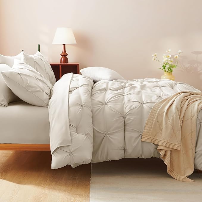 CozyLux Full Size Comforter Sets Beige, 7 Pieces Bed in A Bag Beige Comforter Full Size, Pinch Pleat Bedding Sets with All Season Comforter, Sheets, Pillowcases & Shams