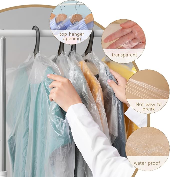 20 Pack Garment Bags for Hanging Clothes Transparent Plastic Clothes Covers for Short or Children's Clothing Dust-proof Storage Bags for Dry Cleaner, Home Storage, Travel (55x80 cm)