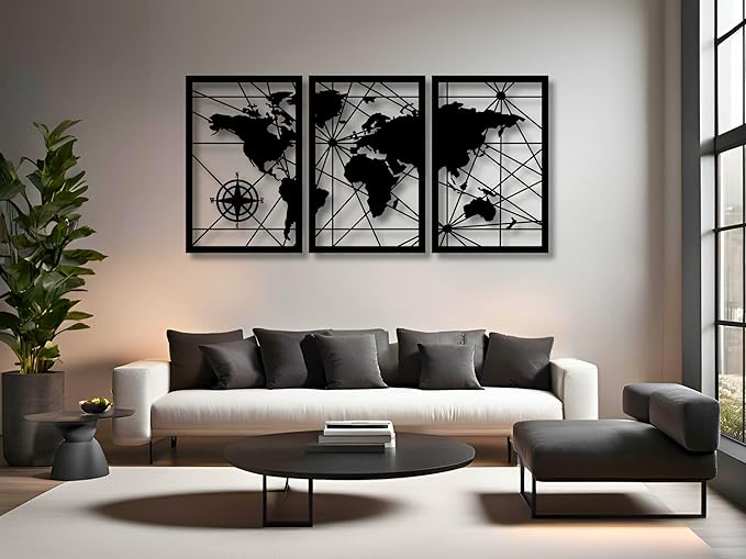 VAILLA World Map Wood Wall Art Decor Large Hanging Sculpture Modern Home Decoration Large Set of 3 Panels Map Wallart Botanical Wall Hangings Wooden Wall Arr 3D Textured Sculptures for Living Room Bedroom Office Dinnig Room