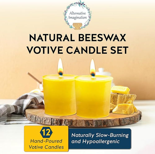 12 Pack of Beeswax Votive Candles - 100% Pure, Natural Beeswax with Natural Light Honey Scent - 15 Hour Burn - Alternative Imagination