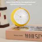 Metal Desk Alarm Clock, Retro Bedroom Table Vintage Analog Silent Non-Ticking Gold Alarm Clock, Bedside Decor(Mango Yellow)