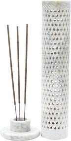 Crocon Handmade Blue Marble Soapstone Incense Stick Round Shape Elephant & Leaf Design Tower Burner | Tea Light Candle Holder | Decorative Home & Kitchen Best Gift Size - (2.7x2.7x10 Inch)