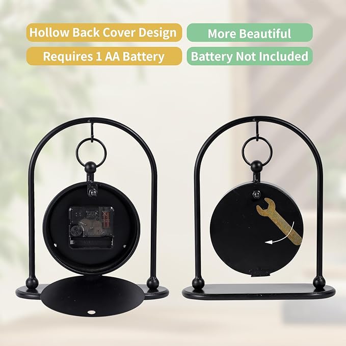 Vintage Metal Table Clock, Farmhouse Table Clock, Small Black Silent Non-Ticking Battery Operated Desk and Shelf Clocks for Home Kitchen Living Room Bedroom Decor