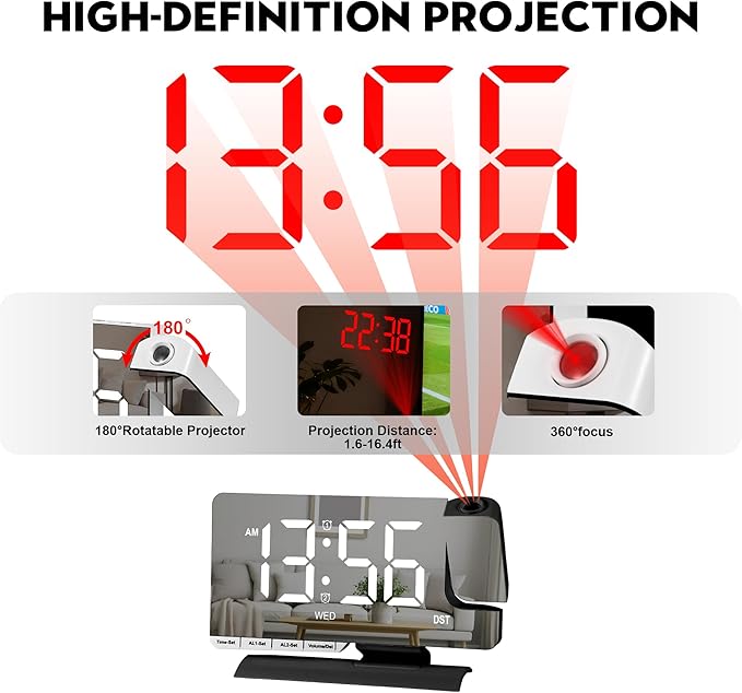 Amgico Projection Alarm Clock,Digital Clock with Projection,7.3" Mirror Clock with 180°Rotating Projector,Dual Alarm with 3 Mode,Bright Adjust,DST,Snooze,Charging Port,5 Levels Volume for Desk Teens