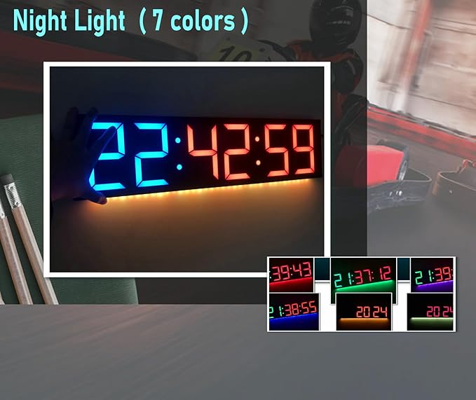 26'' Huge Digital Wall Clock, Home Gym Interval Workout Timers, with Countdown, Stopwatch, 7-Color Light, 8-Alarms, Calendar/Temperature Display, for HIIT/Tabata/FGB/EMOM (Red)