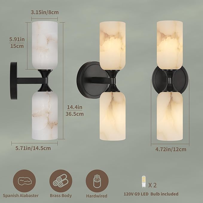 14.4in Alabaster Wall Sconce, Black Sconces with Spanish Marble, Modern Brass Wall Mounted Lamp, Hardwired LED Wall Lighting for Bathroom Bedroom Living Room Staircase Hallway Dining Room