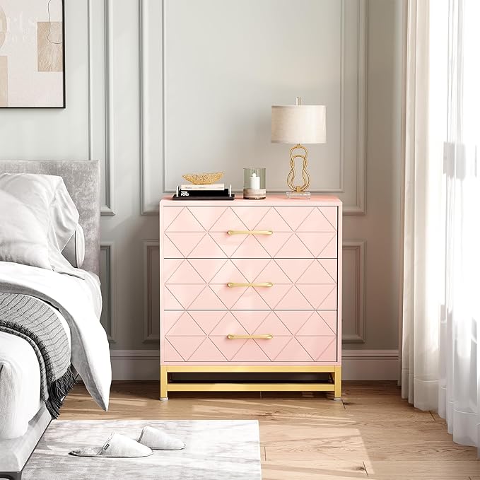 GarveeHome Wooden Dresser for Bedroom, Dressers & Chest of Drawers with 3 Drawer, Wood nightstand for Storage and Organization (Pink)