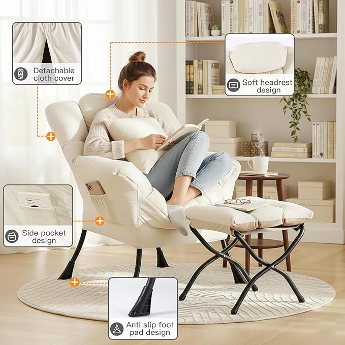 Lvory Lazy Chair with Ottoman, Large Velvet Lounge Accent Chair with a Throw Pillow, Comfy Leisure Sofa Chair for Living Room Bedroom Dorm Room Office Apartment Reading Relaxing Use
