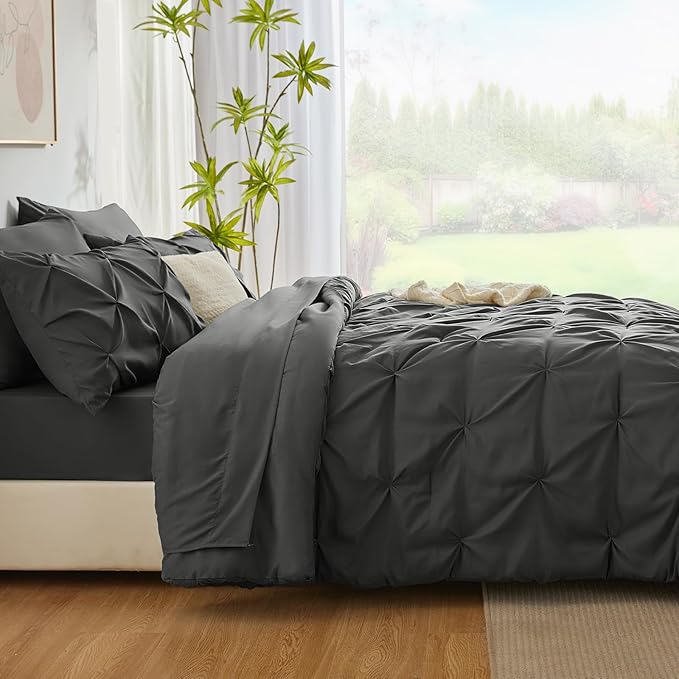 CozyLux Twin Comforter Set with Sheets Dark Grey, 5 Pieces Pintuck Bed in A Bag, Twin Bed Set Gift for Family, Pinch Pleat Bedding Set with Comforter, Sheets, Pillowcase & Sham