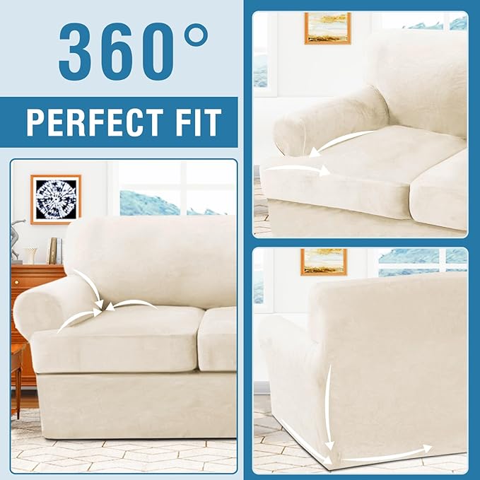 H.VERSAILTEX Sofa Cover 3 Piece T Cushion Loveseat Slipcovers Thick Velvet Couch Cover Stretch T Cushion Sofa Covers for 2 Cushion Couch with 2 Individual T Cushion Covers, Cream