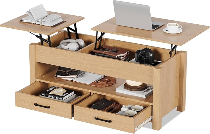 IDEALHOUSE 47.2" Coffee Table with Storage, Multi-Function Lift Top Coffee Table with Wooden Lift Tabletop, 2 Drawers and Hidden Compartment, Central Table for Living Room Home Office, Natural
