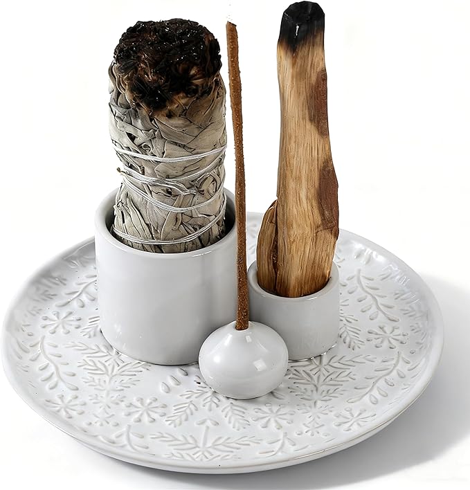 5 in 1 Incense Holder Burner, 5.9" Ceramic Holder for Burning Palo Santo Sage Candle and Incense Sticks Cones, Ash Catcher Tray for Meditation Room Home Décor(White)
