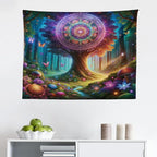 Ambesonne Nature Tapestry, Wonderland Forest Tree Trippy Mandala Floral with Butterfly Ensemble Dream, Fabric Wall Hanging Decor for Bedroom Living Room Dorm, 28" X 23", Indigo Green Aqua